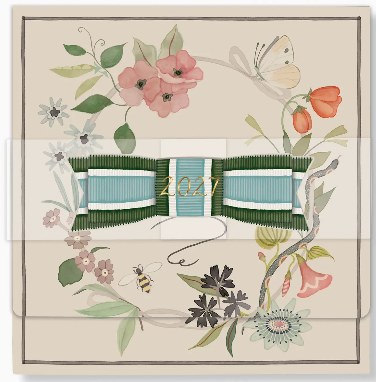 A 6-inch square 2027 Classic Desk Calendar Refill by Karen Adams features a green and white striped ribbon with “2027” in gold, surrounded by watercolor illustrations of flowers, a butterfly, a bee, and a snake.
