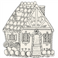 Black and white line drawing of a Gingerbread Partyware Collection gingerbread house decorated with candy canes, lollipops, and gingerbread people, used here as table accents.