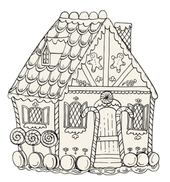 Black and white line drawing of a Gingerbread Partyware Collection gingerbread house decorated with candy canes, lollipops, and gingerbread people, used here as table accents.
