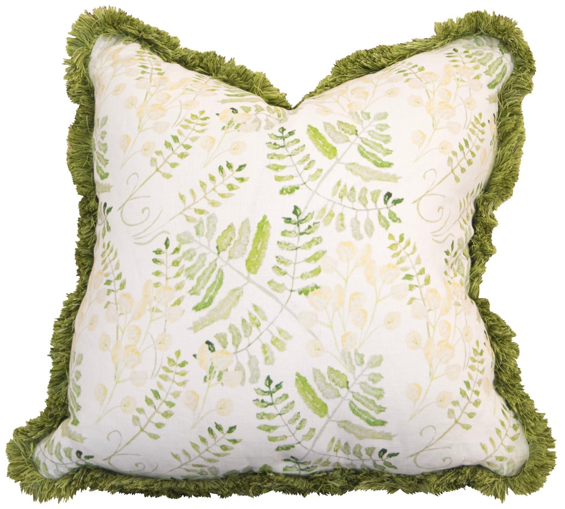 The Fern Yellow Pillow by Hive Custom Pillows features a green leaf and fern pattern on white with green fringe trim. This handmade pillow brings nature-inspired charm to your space.