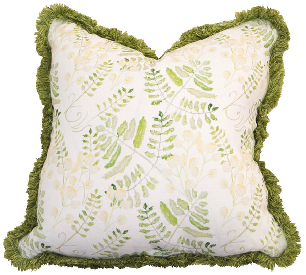 The Fern Yellow Pillow by Hive Custom Pillows is a handmade, square, down-filled cushion with green fern and leaf patterns on a white background and green fringed edges. Crafted with care in the USA, this piece offers added comfort.