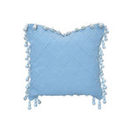 The Feroe Pillow by Hive Custom Pillows is a square light blue throw pillow with a diamond quilted pattern and white pom-pom trim, shown on a plain white background.
