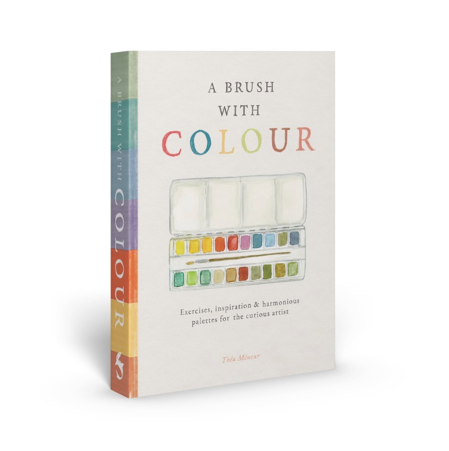 A Brush With Color by Abrams is a beginner’s color workbook featuring a watercolor palette cover and vibrant text, shown upright on a white background.