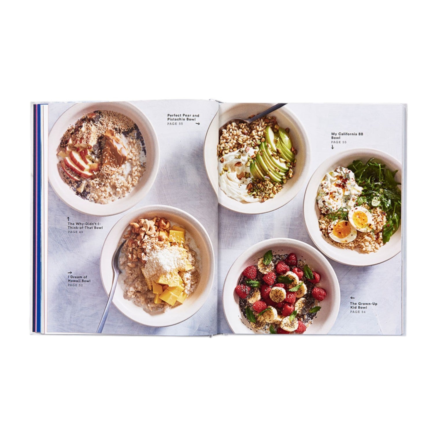 Open cookbook “Healthyish” by Abrams displaying five oatmeal bowl recipes made with simple ingredients, each topped with fruit, nuts, eggs, and seeds. Labels highlight quick and healthy recipes for every taste.