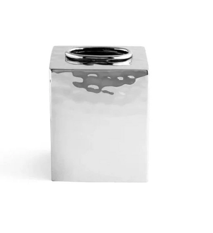A reflective, polished stainless steel, square-shaped metal vase with a round opening from the Michael Aram Reflective Bath Collection is shown against a plain white background—an elegant addition to any set of bathroom counter accessories.