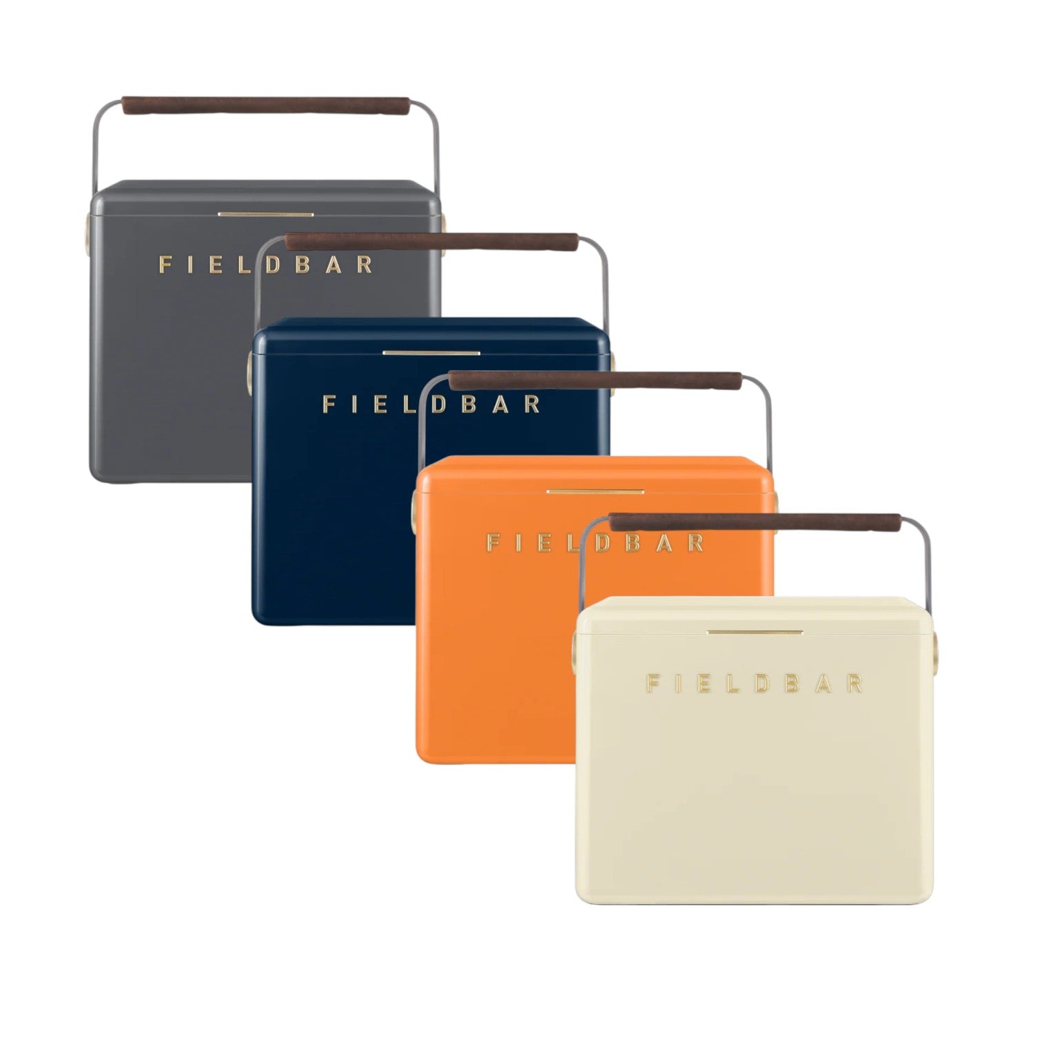 Four Fieldbar The Gin Trunk hard case coolers in dark grey, navy blue, orange, and cream are lined up. Each features a wooden handle, gold front lettering, and delivers superior thermal performance for your outings.