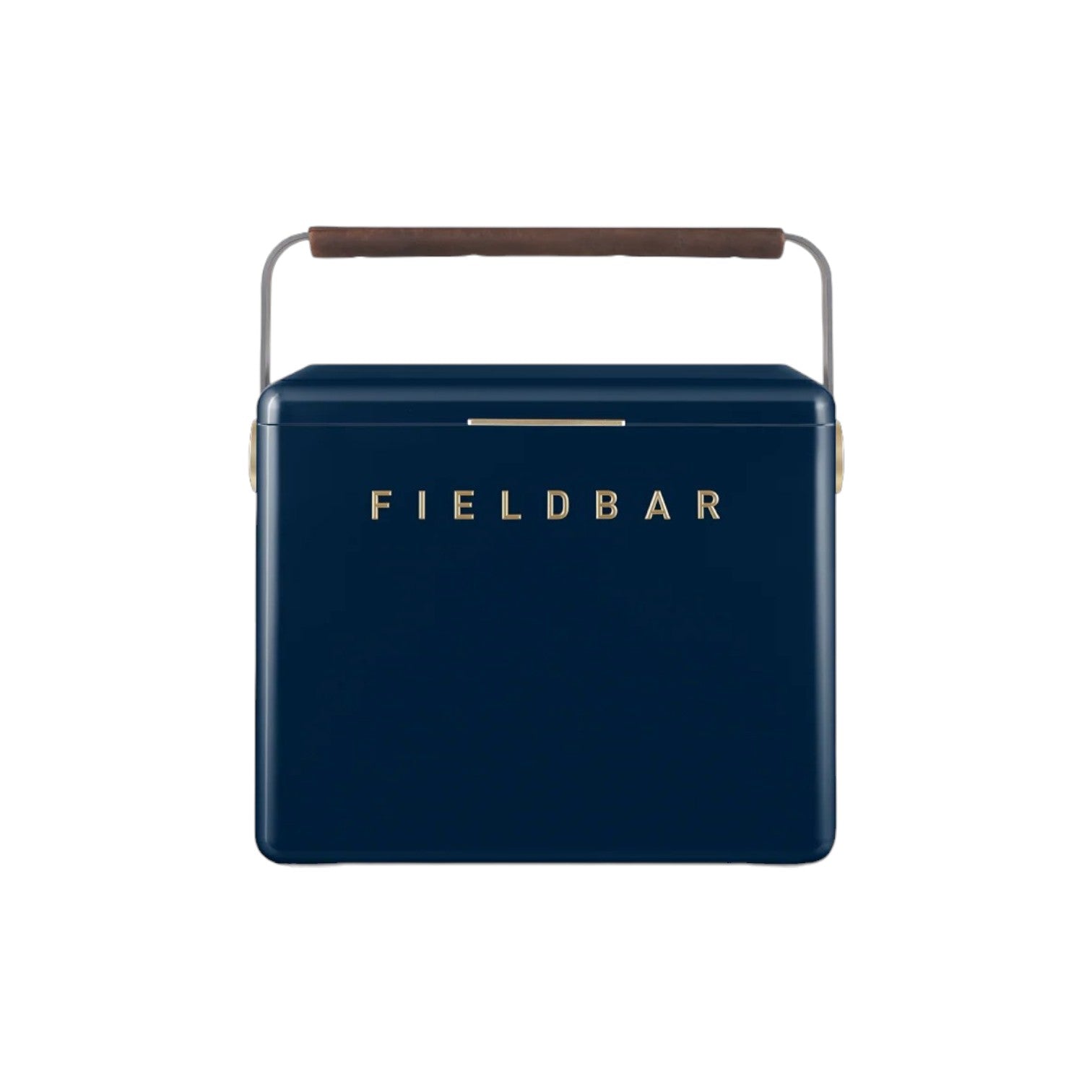 The Gin Trunk by Fieldbar is a navy blue hard case cooler box with a brown handle and "FIELDBAR" in gold on the front, designed for superior thermal performance.