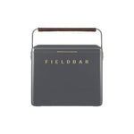 The Gin Trunk by Fieldbar is a dark gray rectangular hard case cooler box with a brown handle and "FIELDBAR" in gold on the front, designed for superior thermal performance.