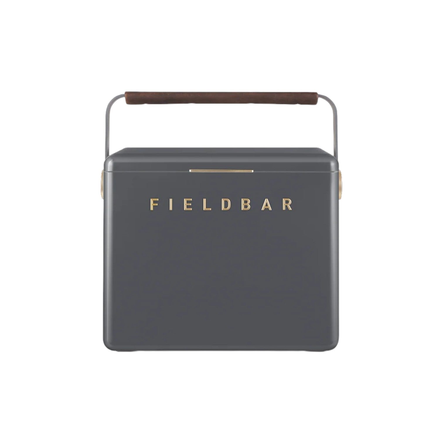 The Gin Trunk by Fieldbar is a dark gray rectangular hard case cooler box with a brown handle and "FIELDBAR" in gold on the front, designed for superior thermal performance.