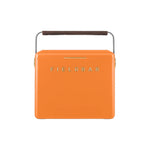 The Gin Trunk by Fieldbar is an orange rectangular hard case cooler with a brown handle and "FIELDBAR" embossed on the front, displayed against a white background.