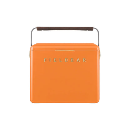 The Gin Trunk by Fieldbar is an orange rectangular hard case cooler with a brown handle and "FIELDBAR" embossed on the front, displayed against a white background.