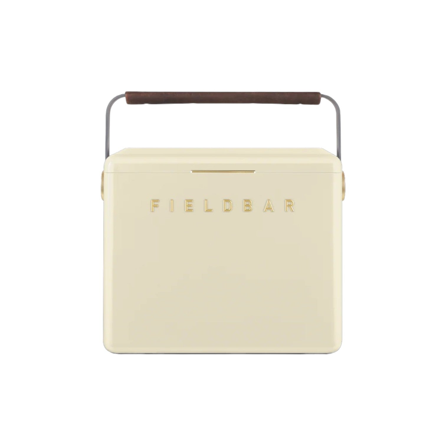 The Fieldbar Gin Trunk is a cream-colored hard case cooler with a dark brown handle and "FIELD BAR" embossed on the front, delivering superior thermal performance for all your outdoor adventures.