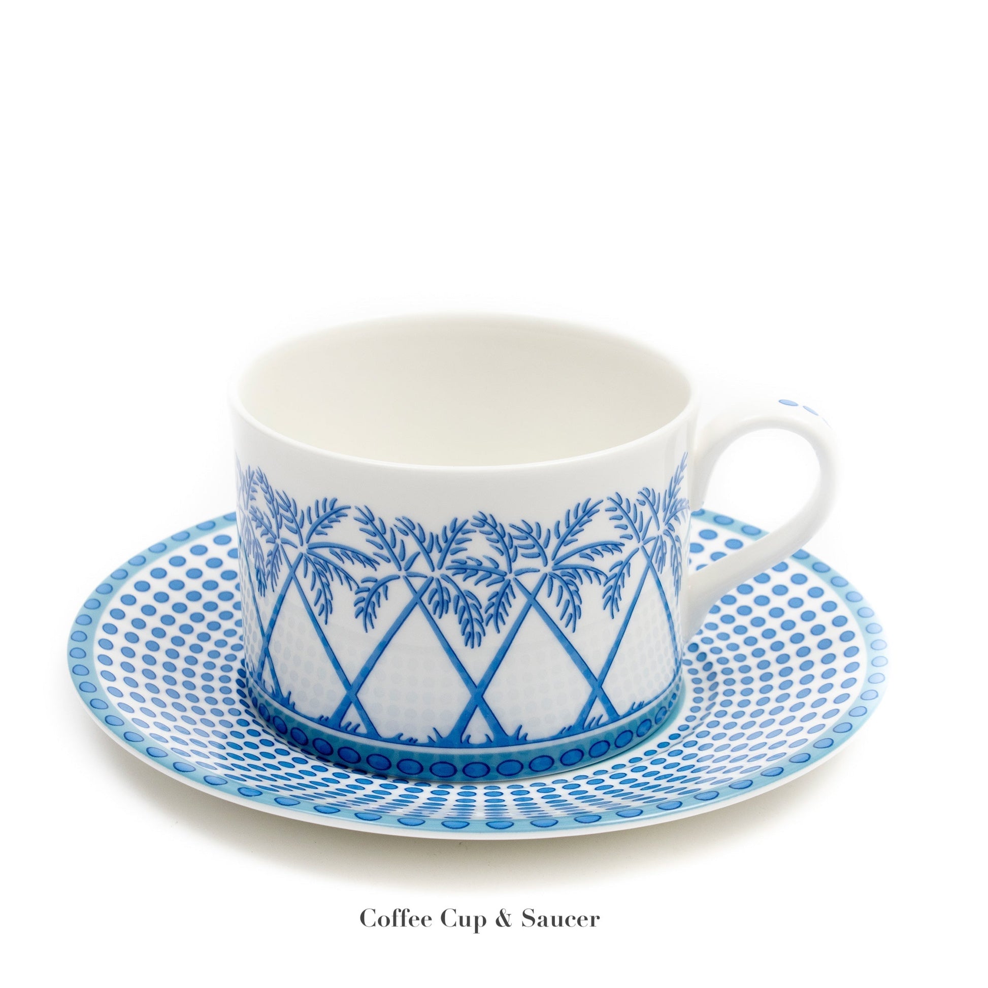 A fine bone china coffee cup with a handle and blue geometric palm pattern from the Azure Blue Dinnerware Collection by Pink House Mustique sits on a matching saucer, evoking Exotic Tropics on crisp white.