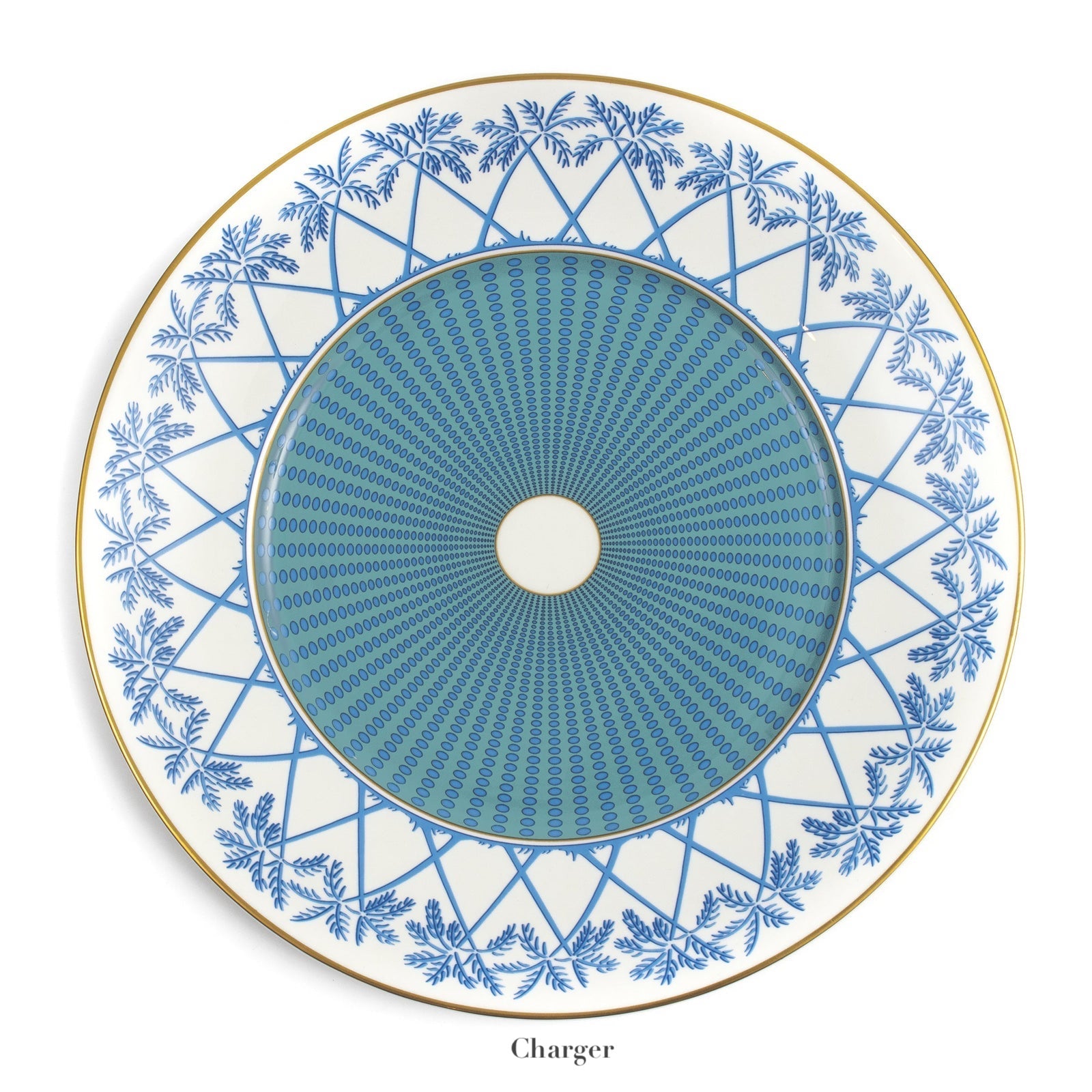 Azure Blue Dinnerware Collection charger plate by Pink House Mustique, crafted from Fine Bone China with a blue and white geometric floral design and gold rim. Elegantly custom-made, "Charger" labeled below.