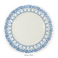 The Pink House Mustique Azure Blue Dinnerware Collection includes a round white bone china dinner plate with a blue geometric and floral border inspired by exotic tropics, labeled "Dinner Plate" at the bottom.