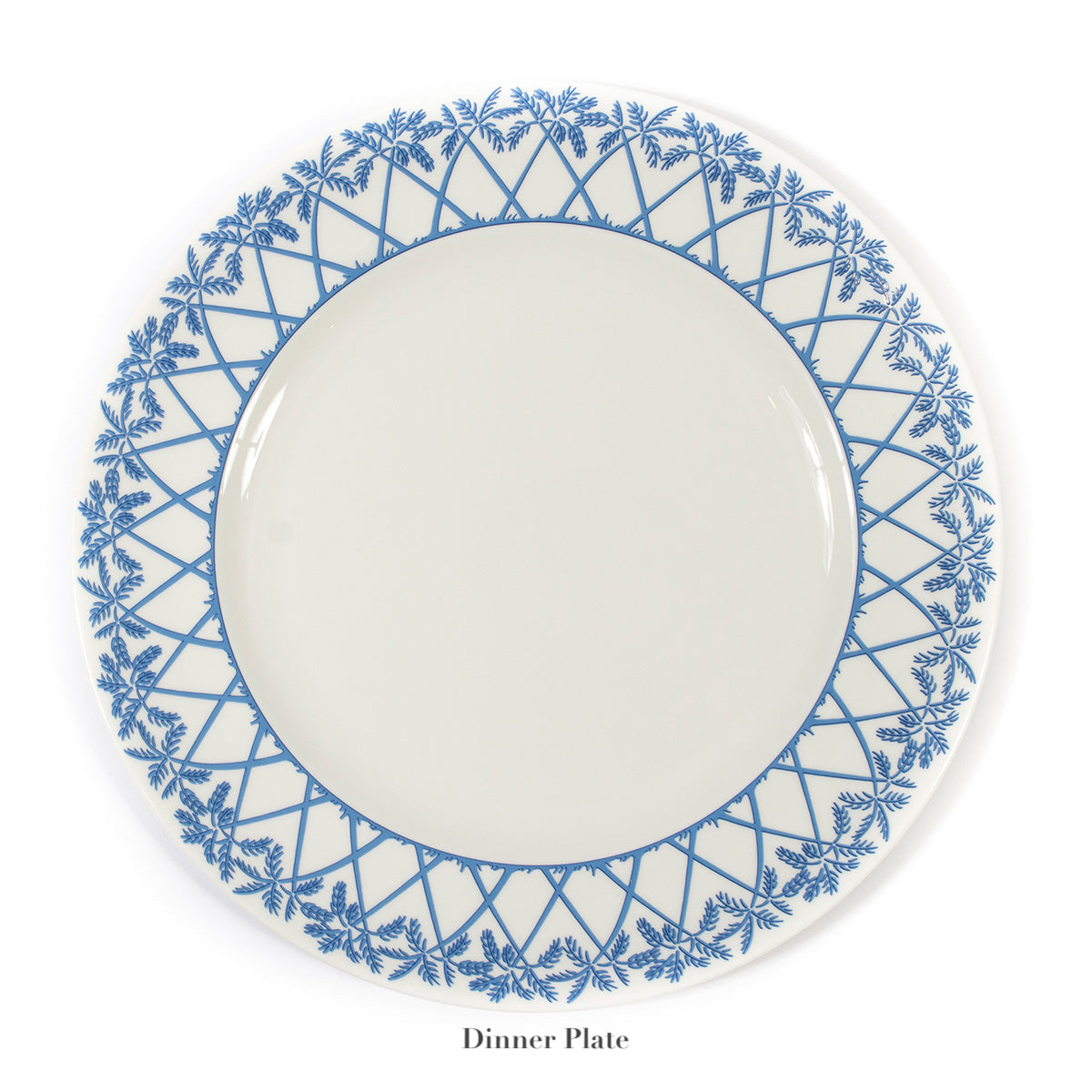 The Pink House Mustique Azure Blue Dinnerware Collection includes a round white bone china dinner plate with a blue geometric and floral border inspired by exotic tropics, labeled "Dinner Plate" at the bottom.