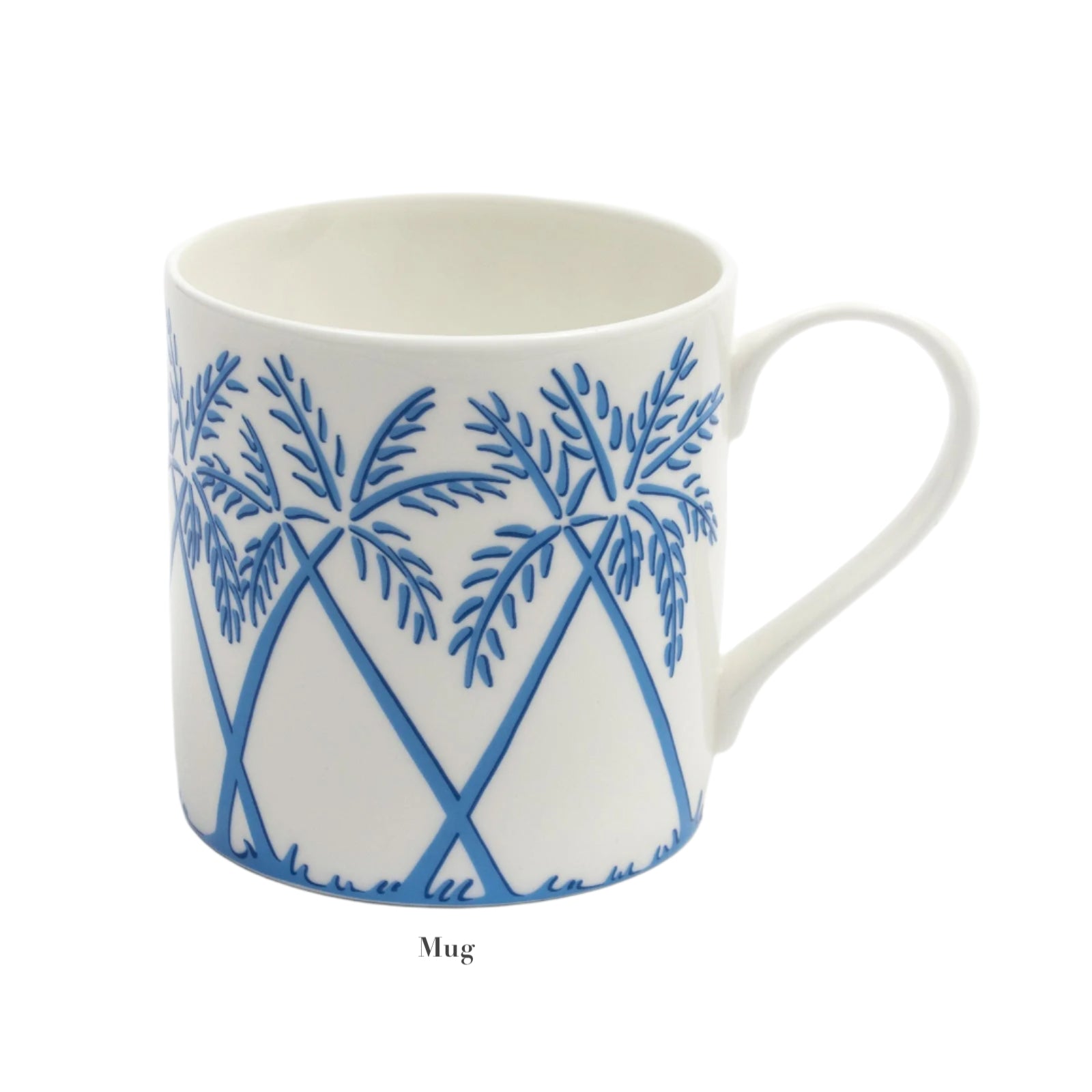 White ceramic mug from the Azure Blue Dinnerware Collection by Pink House Mustique, featuring a blue palm tree pattern and a right-side handle. “Mug” is printed below the design.