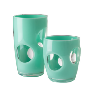 Two turquoise tumblers from the Fisheye Acrylic Drinkware Collection by Mario Luca Giusti, featuring circular fisheye designs, are displayed side by side on a white background—ideal for outdoor table settings.
