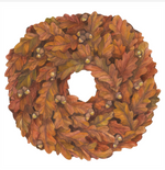 Discover the Autumn Leaves Collection by Hester & Cook—an illustration of a circular wreath crafted from overlapping autumn oak leaves and acorns in warm shades of brown, orange, and yellow, perfect for any fall occasion.