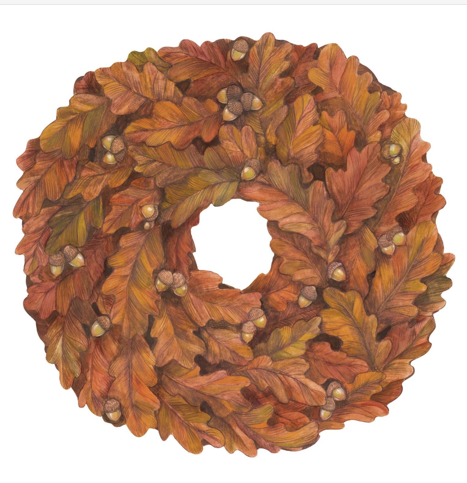 Discover the Autumn Leaves Collection by Hester & Cook—an illustration of a circular wreath crafted from overlapping autumn oak leaves and acorns in warm shades of brown, orange, and yellow, perfect for any fall occasion.