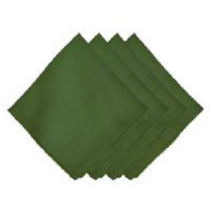 Four olive green Berry Scallop Napkin & Tablecloth Collection linen napkins with scalloped edges, stacked in a row.