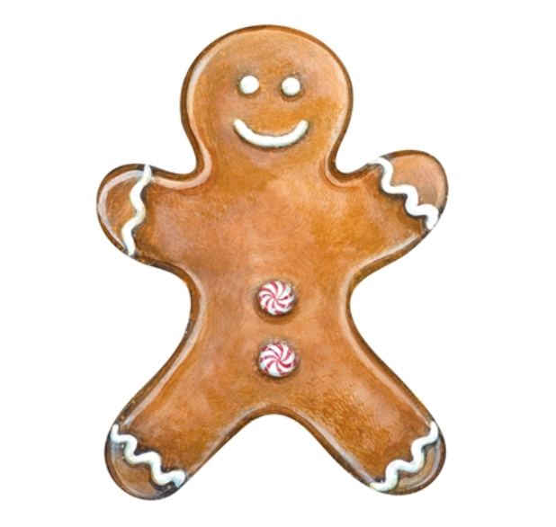 Gingerbread Partyware Collection gingerbread man cookie table decor with icing trim on the arms and legs and two peppermint candies on its chest.
