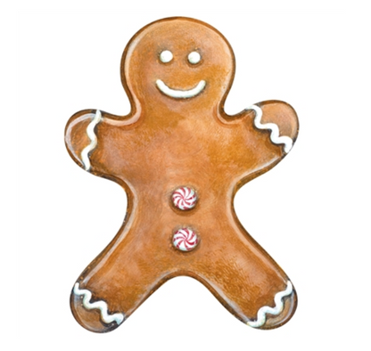 Gingerbread Partyware Collection gingerbread man cookie table decor with icing trim on the arms and legs and two peppermint candies on its chest.
