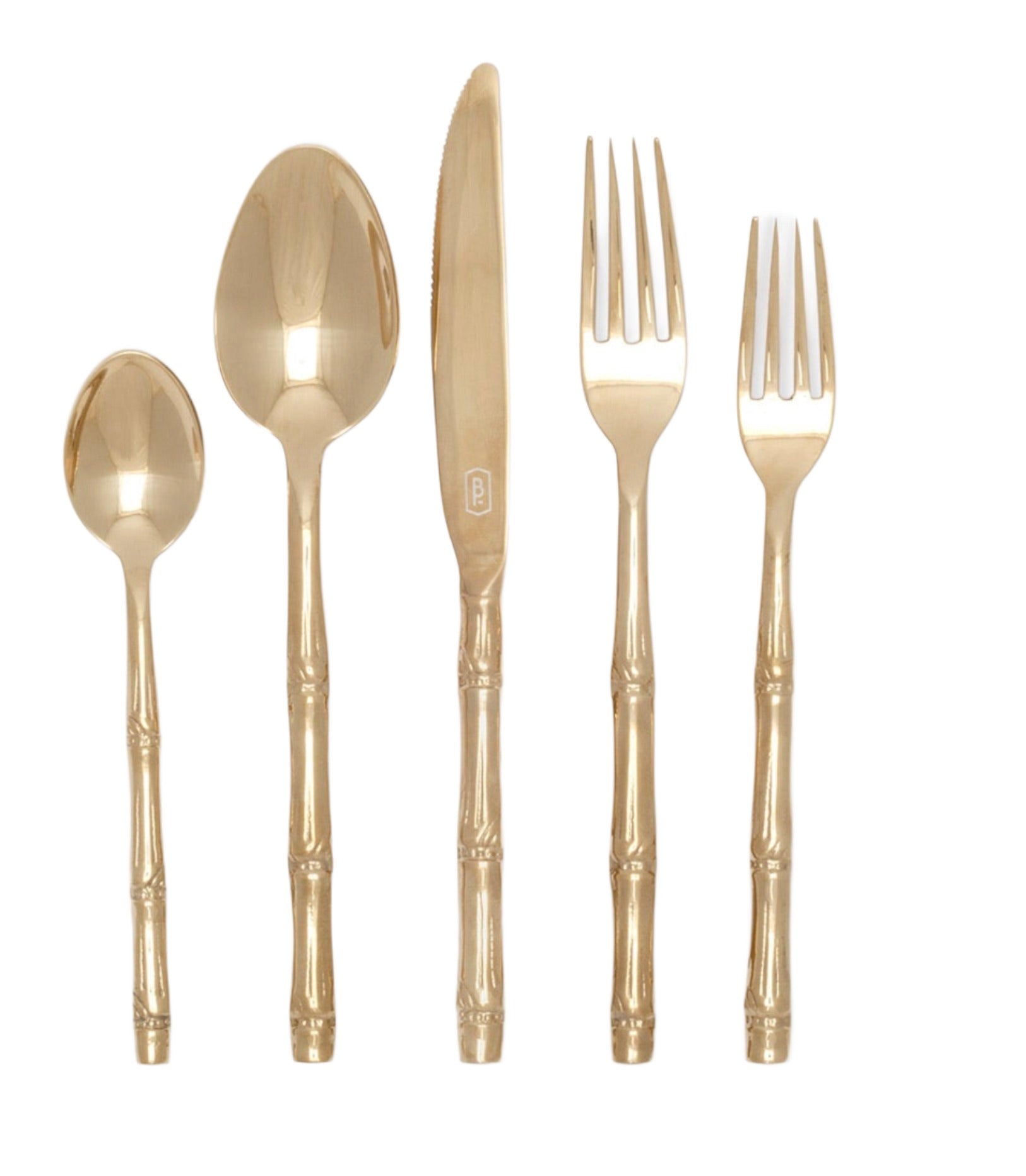 The Liliana Polished Gold Bamboo 5 Piece Flatware Set by Blue Pheasant features textured handles and includes a small spoon, large spoon, knife, dinner fork, and salad fork for elegant table settings.
