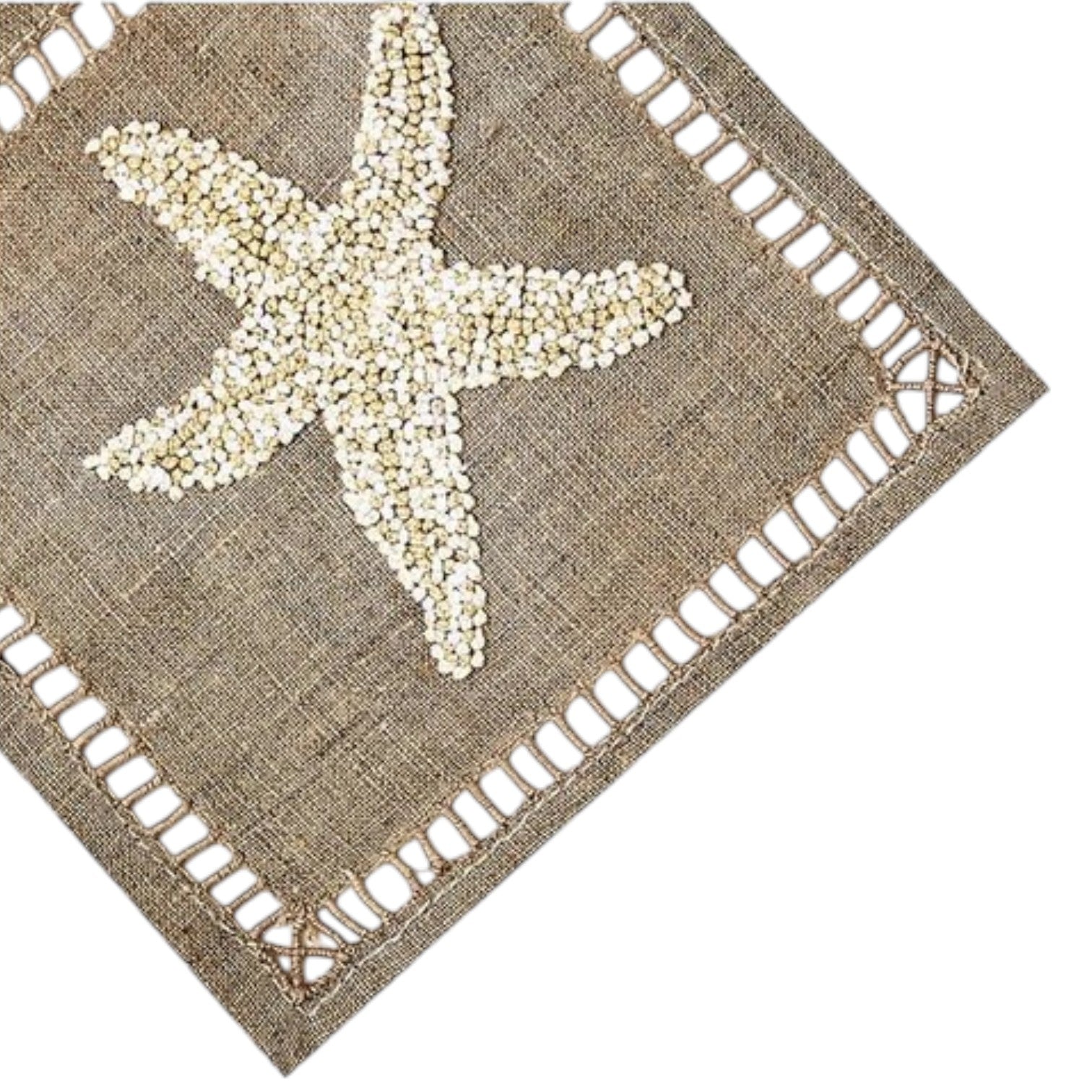 The Haute Home Starfish Coaster Set features beige burlap coasters with embroidered starfish made of small white seashells, bringing a stylish coastal touch to your table.