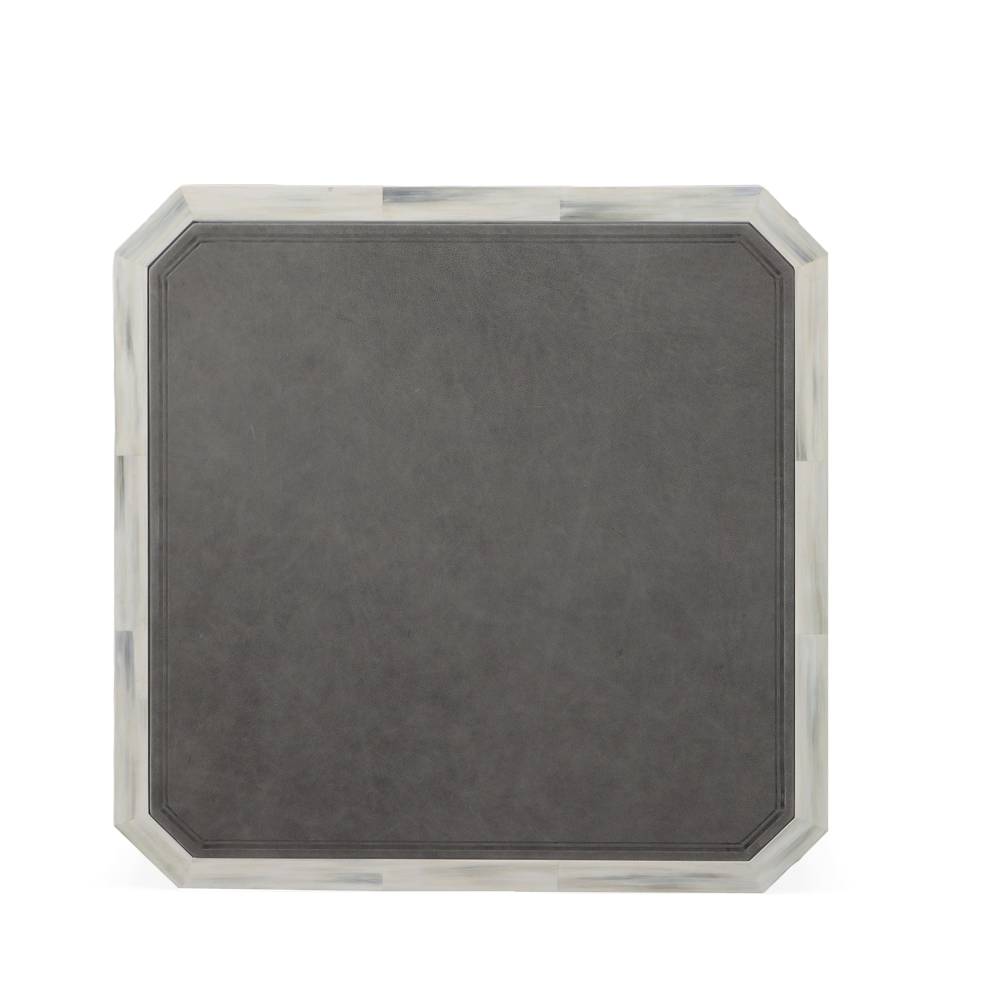 The Compositions Game Table by Century Furniture features a square design with a dark gray leather center and a light marbled faux horn border, shown against a white background.