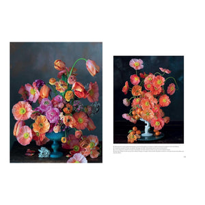 Two “Floral Fantasy” arrangements by Chronicle Books, featuring vibrant orange and pink poppies in decorative vases, are displayed against dark backgrounds and showcase exquisite floral design reminiscent of Kiana Underwood’s signature style.