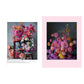 Two pages from Floral Fantasy by Chronicle Books showcase vivid botanical arrangements in shades of pink, orange, and white, artfully set in vases and bowls against dramatic dark backgrounds. One page is accented with a pink border. The captivating floral artwork reflects Kiana Underwood’s distinctive style.