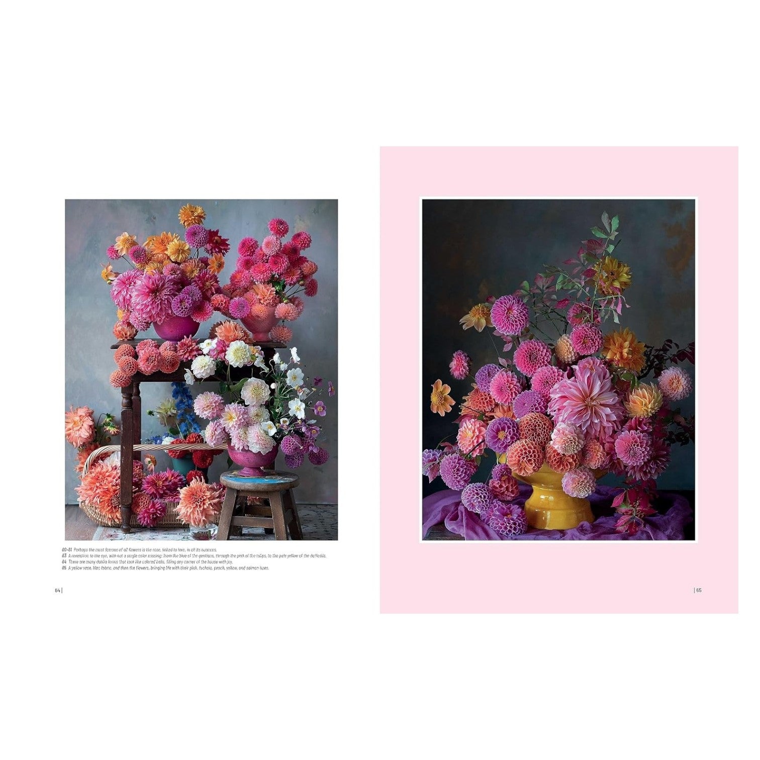 Two pages from Floral Fantasy by Chronicle Books showcase vivid botanical arrangements in shades of pink, orange, and white, artfully set in vases and bowls against dramatic dark backgrounds. One page is accented with a pink border. The captivating floral artwork reflects Kiana Underwood’s distinctive style.