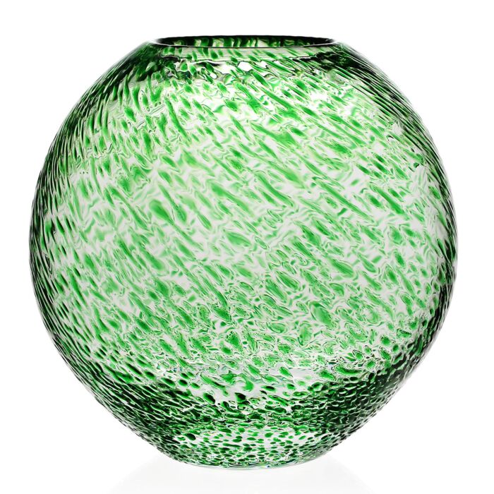 Contemporary vase with a textured, wavy pattern in green and clear glass from the Globe Vase Collection by William Yeoward Crystal, adding a modern touch to colorful decor, displayed against a white background.