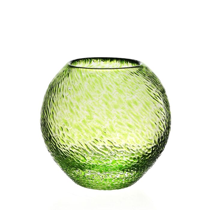 Part of the Globe Vase Collection by William Yeoward Crystal, this round, textured green glass vase with a narrow opening is shown against a plain white background.