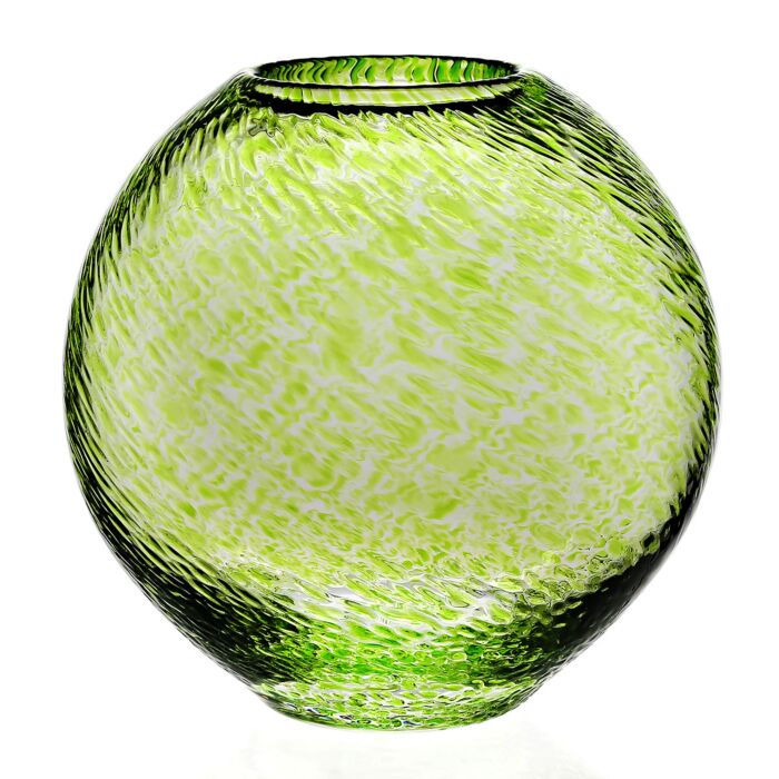 The Globe Vase Collection by William Yeoward Crystal features a round, green-tinted vase with a textured pattern and narrow opening, adding modern elegance against a white backdrop.