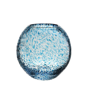 Part of the Globe Vase Collection by William Yeoward Crystal, this round glass vase features a blue tint and bubbled texture, showcasing contemporary design. Photographed against a white background.