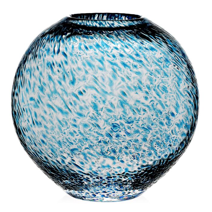 Round glass vase with a textured surface and blue and white marbled pattern from the Globe Vase Collection by William Yeoward Crystal.