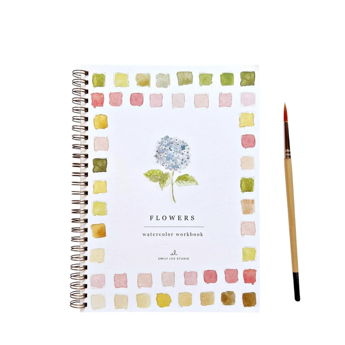 A spiral-bound Emily Lex Studio Watercolor Workbook, titled “Flowers,” features a painted hydrangea on the cover bordered by colorful squares and sits next to a paintbrush—perfect for your next watercolor art activity.
