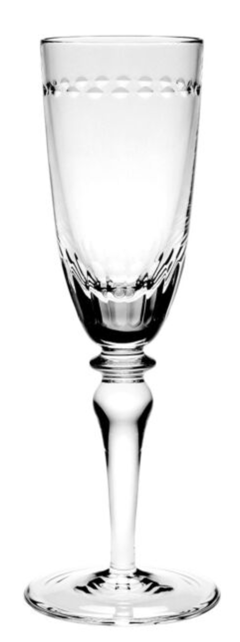 The Claire Collection by William Yeoward Crystal features a handmade wine glass with decorative etching near the rim and a faceted stem—perfect as elegant bridal or tableware, shown against a white background.