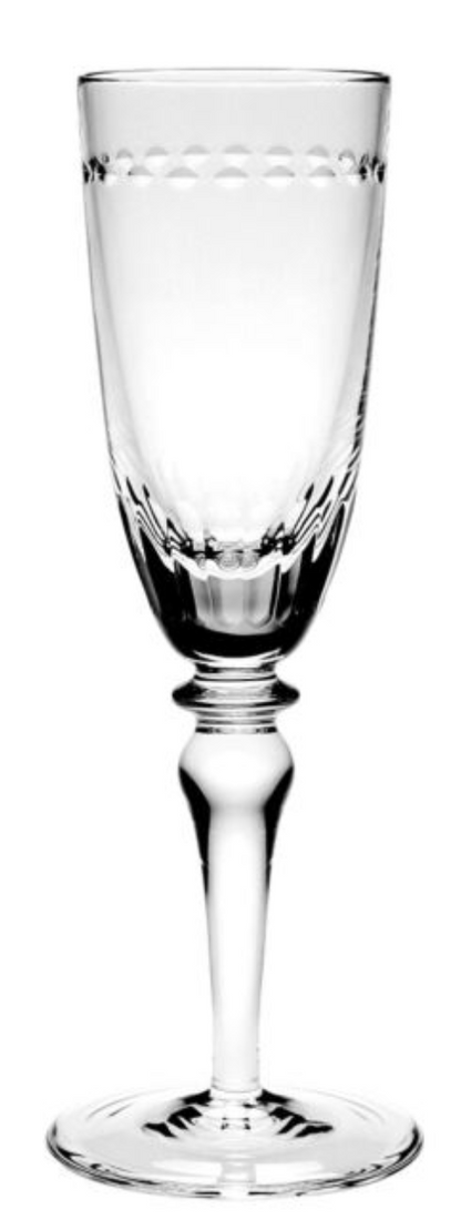 The Claire Collection by William Yeoward Crystal features a handmade wine glass with decorative etching near the rim and a faceted stem—perfect as elegant bridal or tableware, shown against a white background.