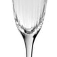 The Corinne Collection champagne flute by William Yeoward Crystal features a tall, slender bowl with an elegant vertical optic pattern, a thin stem, and a round base.