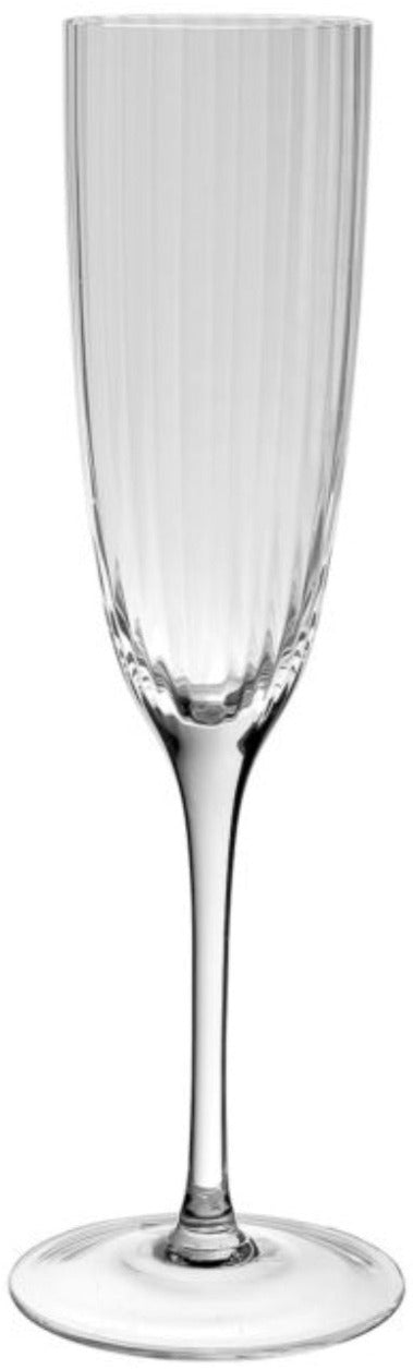 The Corinne Collection champagne flute by William Yeoward Crystal features a tall, slender bowl with an elegant vertical optic pattern, a thin stem, and a round base.