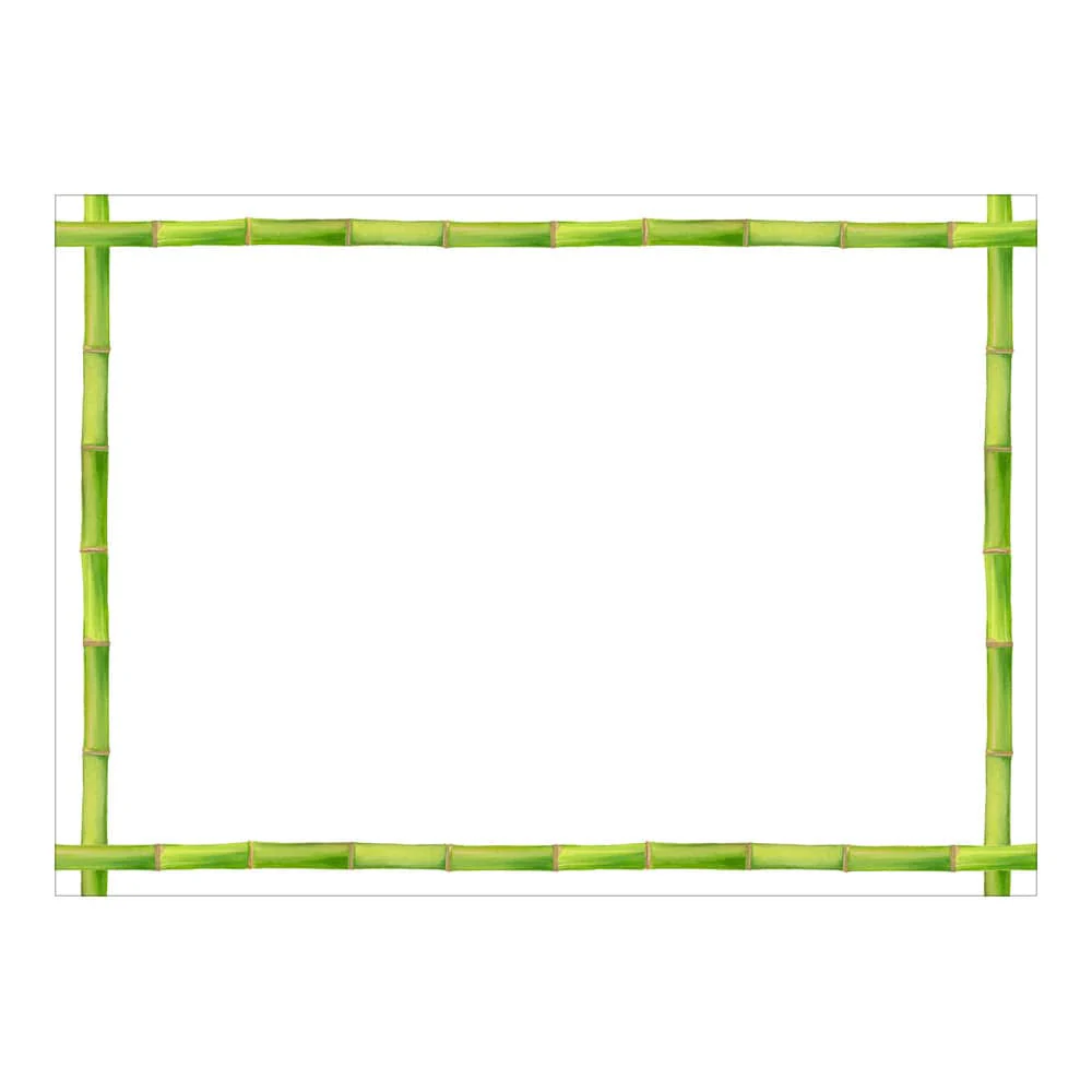 The Caspari Green Bamboo Border Card Set features rectangular frames of green bamboo sticks on a white background, inspired by classic heavyweight stationery designs.