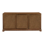 The Carolyn 3 Door Sideboard by Hickory Chair features elegant wooden construction with diamond-patterned lattice doors, offering refined storage for your dining room.