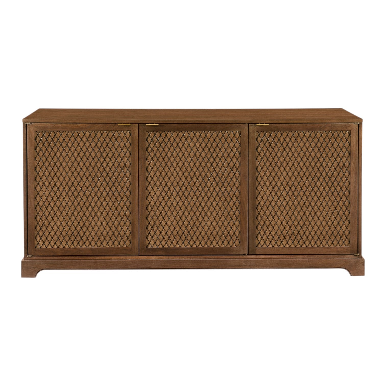 The Carolyn 3 Door Sideboard by Hickory Chair features elegant wooden construction with diamond-patterned lattice doors, offering refined storage for your dining room.