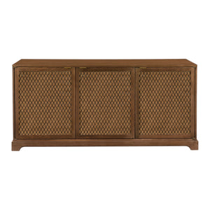 The Carolyn 3 Door Sideboard by Hickory Chair features elegant wooden construction with diamond-patterned lattice doors, offering refined storage for your dining room.
