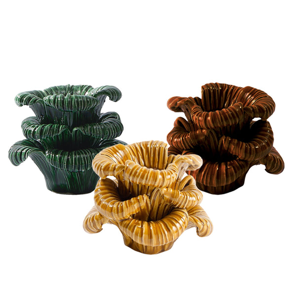 The Jean Roger Paris Mini Folies Bergéres Candle Holders display exquisite earthenware craftsmanship with hand-made, wavy, layered designs in green, brown, and tan tones against a white background.