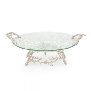 Textured glass serving tray from the Michael Aram Ocean Reef Serveware and Barware Collection, featuring coral reef-inspired design, metal branch-shaped handles, and a matching decorative stand.