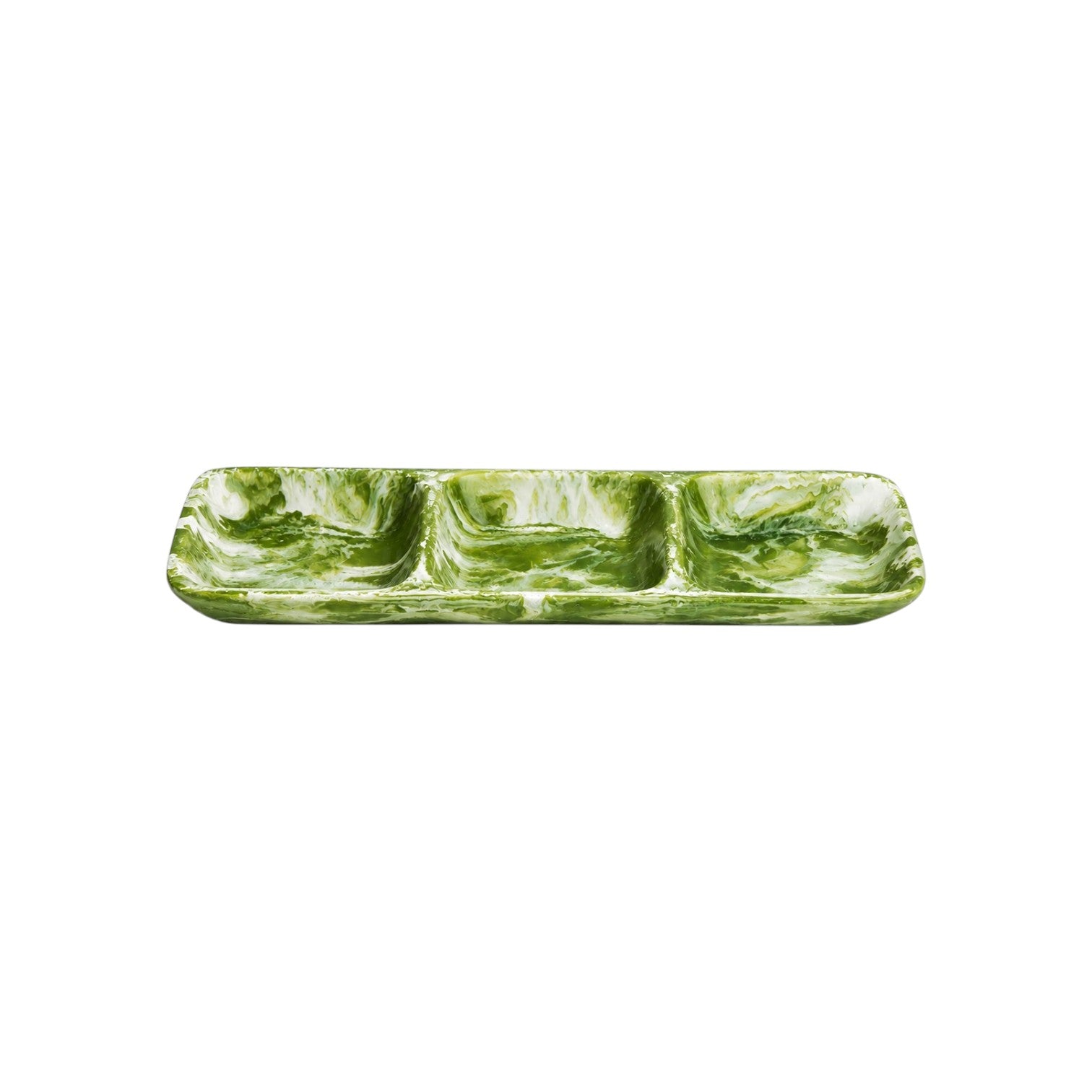 The Nashi Home Serveware Collection, Forest by Nashi Home features a rectangular green marbled ceramic tray with three compartments—ideal for serving or as a chic home decor accent, shown on a white background.